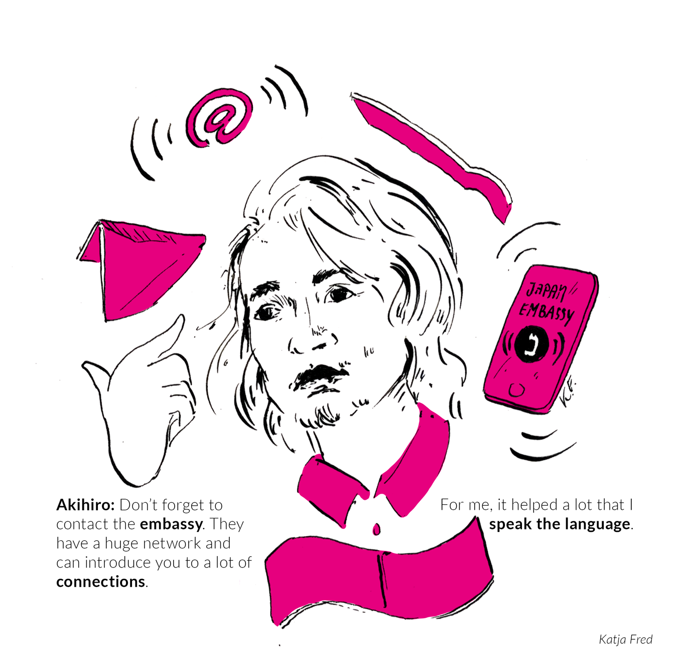 Illustration of Akihiro surrounded by materials and a phone. With the tip: contact the embassy, they have a huge network and many connections.
